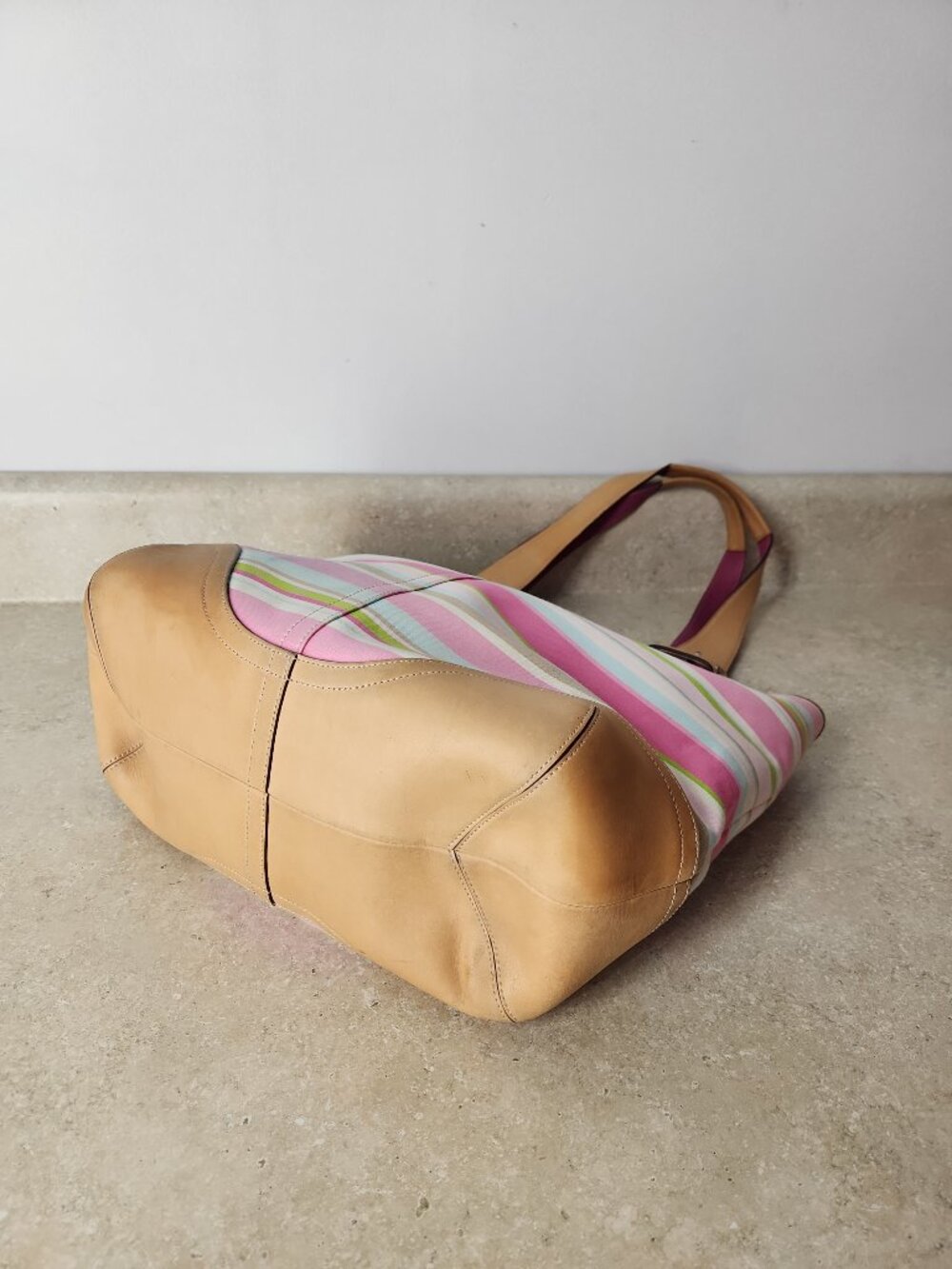 vintage Coach Hampton Stripe Canvas Tote Bag Vachetta leather trim M05S-5175 - Picture 6 of 16